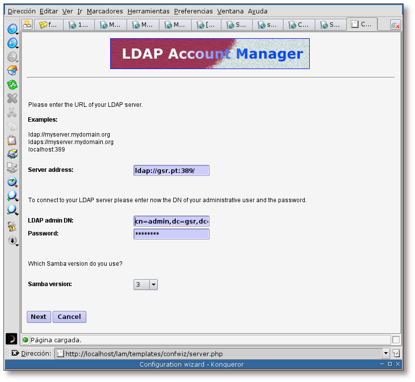 Asistente de configuración, datos del servidor LDAP y Samba