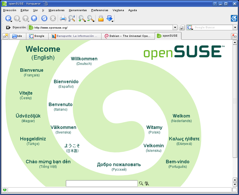 Konqueror con varias pestaóas abiertas.